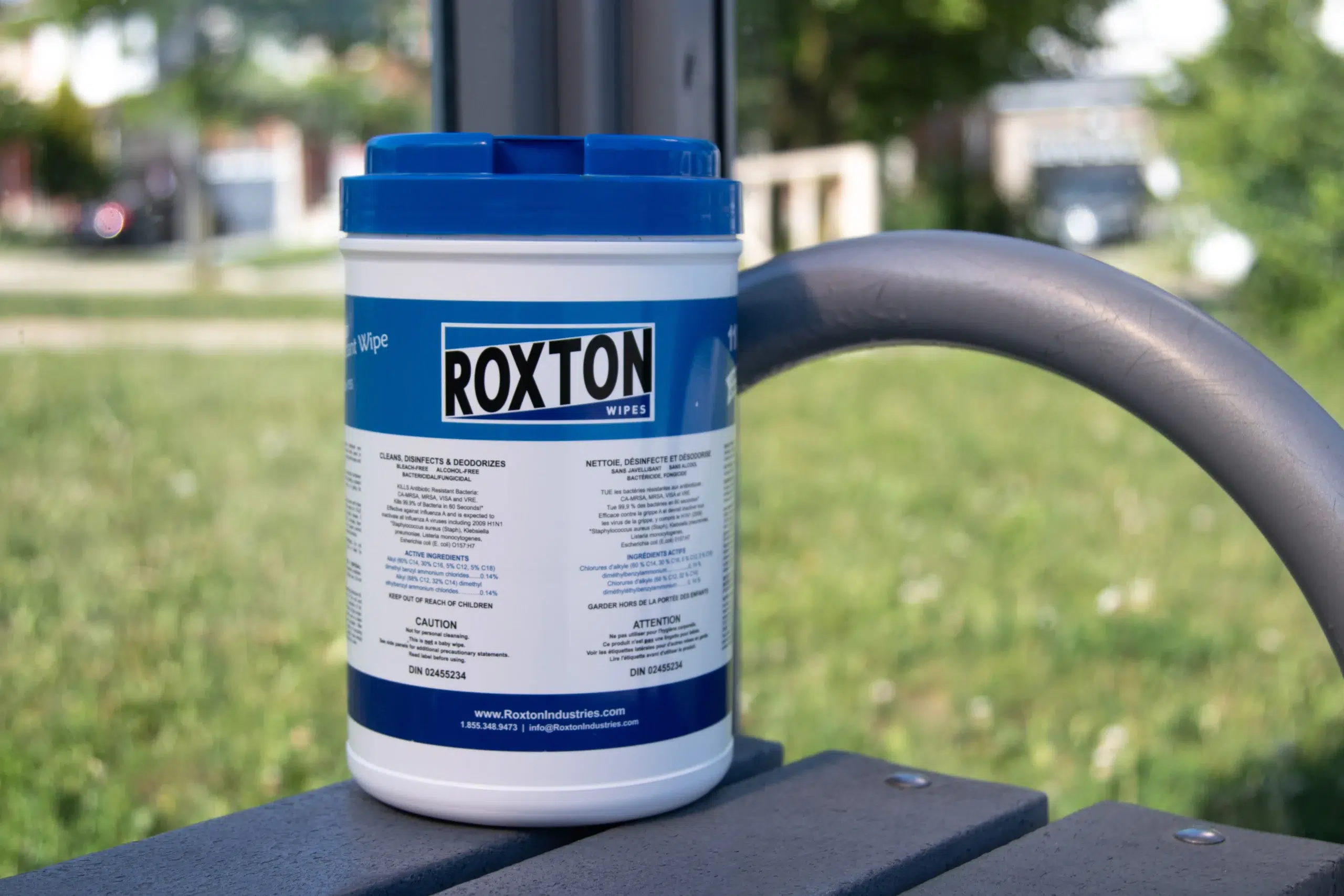 Roxton Disinfecting Wipes Canister on Bench Outdoors